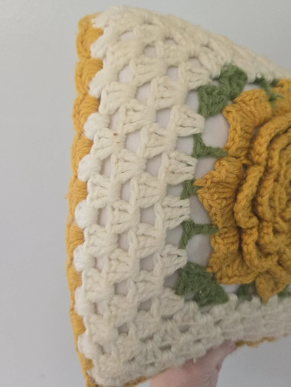 Set Of 2 Vintage Granny Square Crochet Throw Pillows 3D Yellow Roses *read